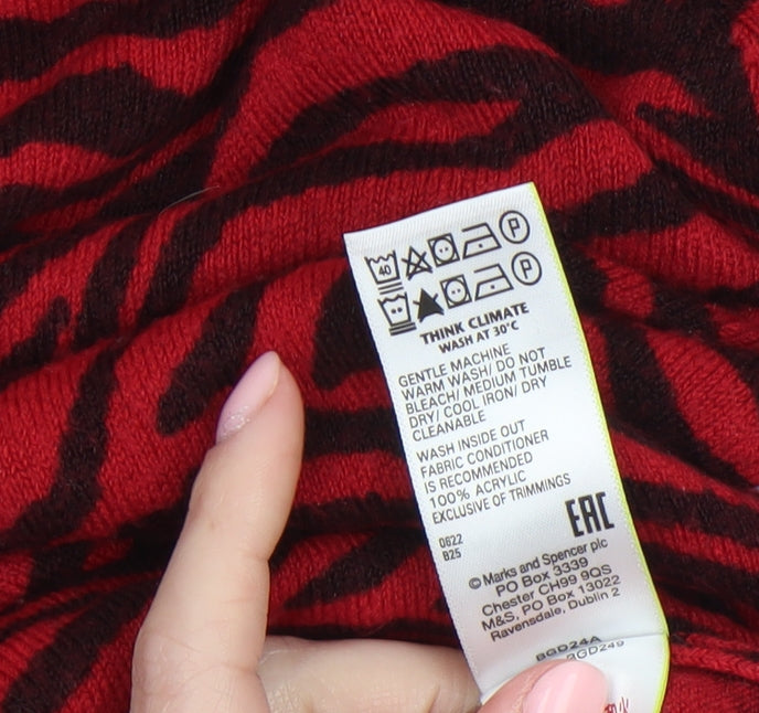Marks and Spencer Women's Red Animal Print V-Neck Acrylic Jumper Size S