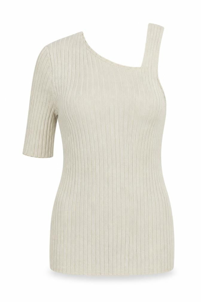 Front view of Next Women’s Beige Ribbed Asymmetric Knit Top, size UK 14