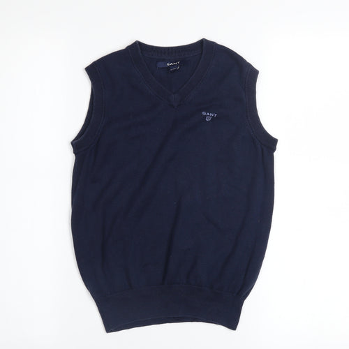 GANT Boys Navy Blue V-Neck Sleeveless Cotton Vest 7-8 Years Classic Knit