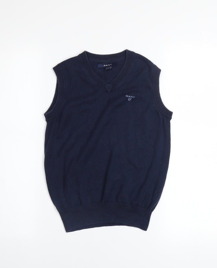GANT Boys Navy Blue V-Neck Sleeveless Cotton Vest 7-8 Years Classic Knit
