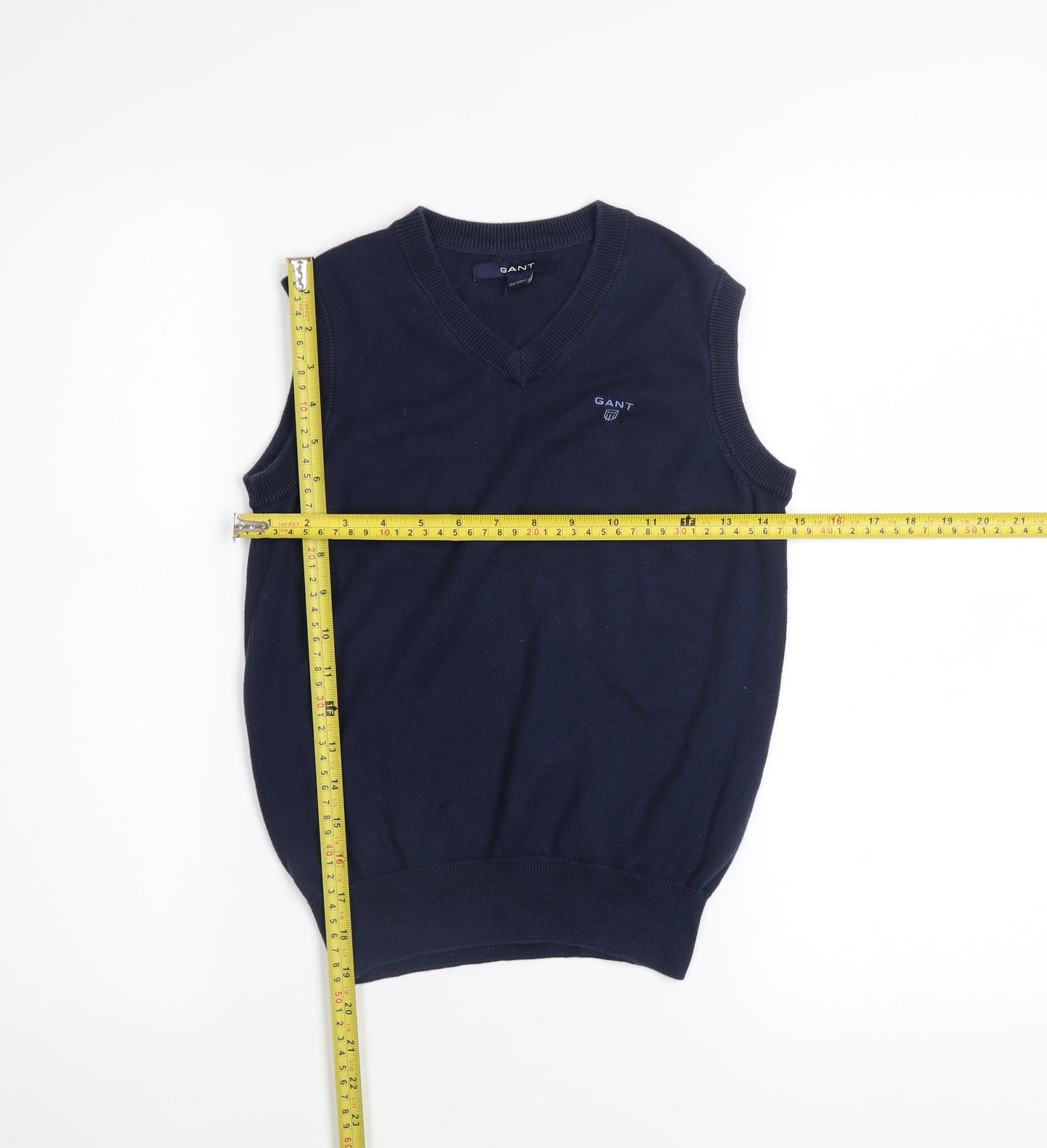 GANT Boys Navy Blue V-Neck Sleeveless Cotton Vest 7-8 Years Classic Knit