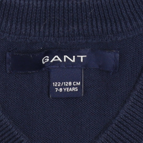GANT Boys Navy Blue V-Neck Sleeveless Cotton Vest 7-8 Years Classic Knit