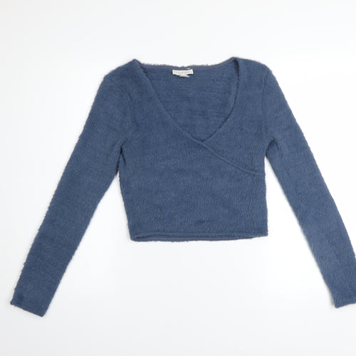 Topshop Women’s Blue V-Neck Long Sleeve Fuzzy Pullover Jumper Size 12