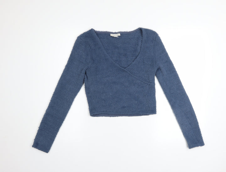 Topshop Women’s Blue V-Neck Long Sleeve Fuzzy Pullover Jumper Size 12