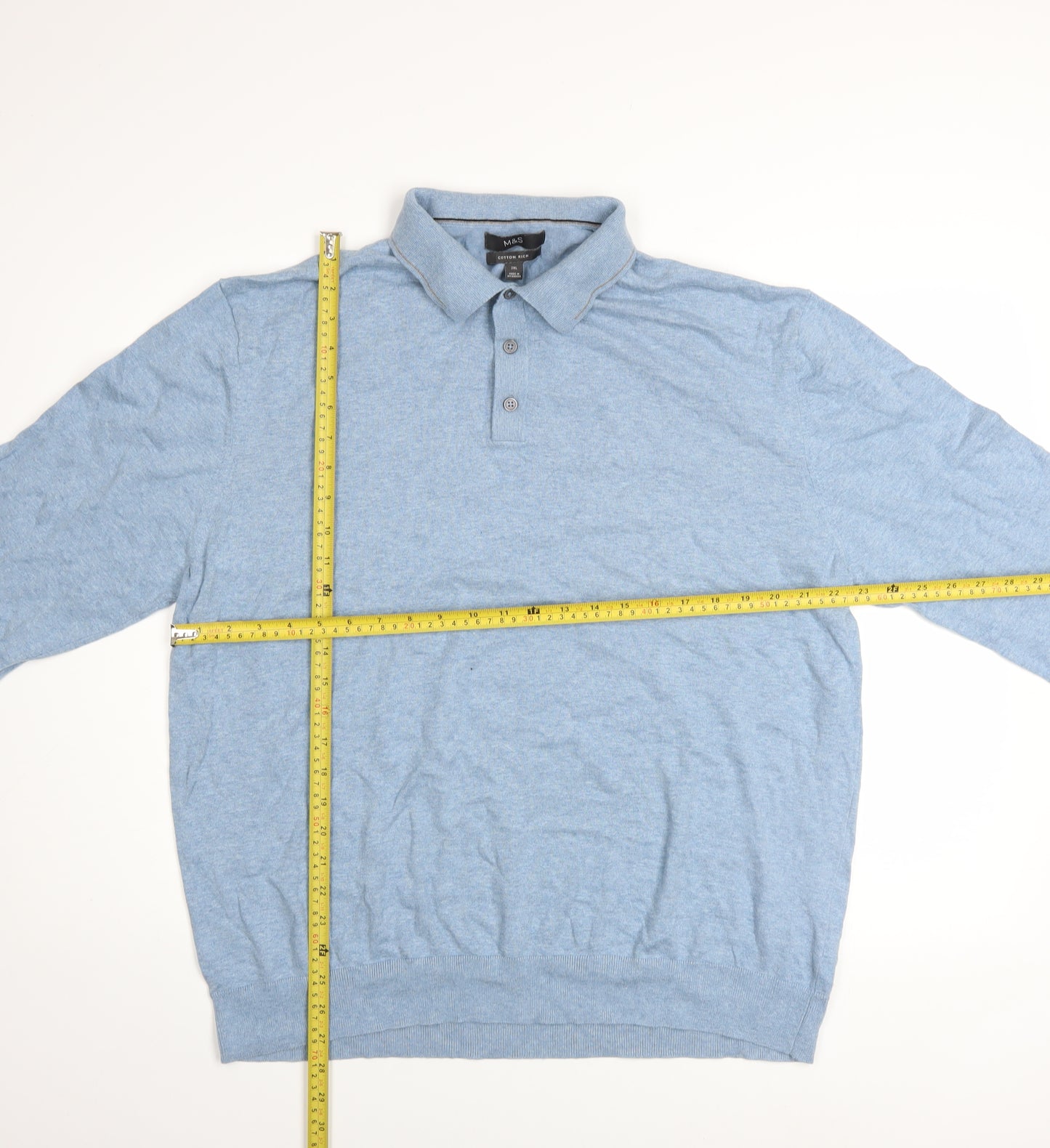 Marks and Spencer Men's Blue Cotton Rich Long Sleeve Polo 2XL