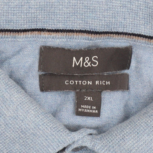 Marks and Spencer Men's Blue Cotton Rich Long Sleeve Polo 2XL