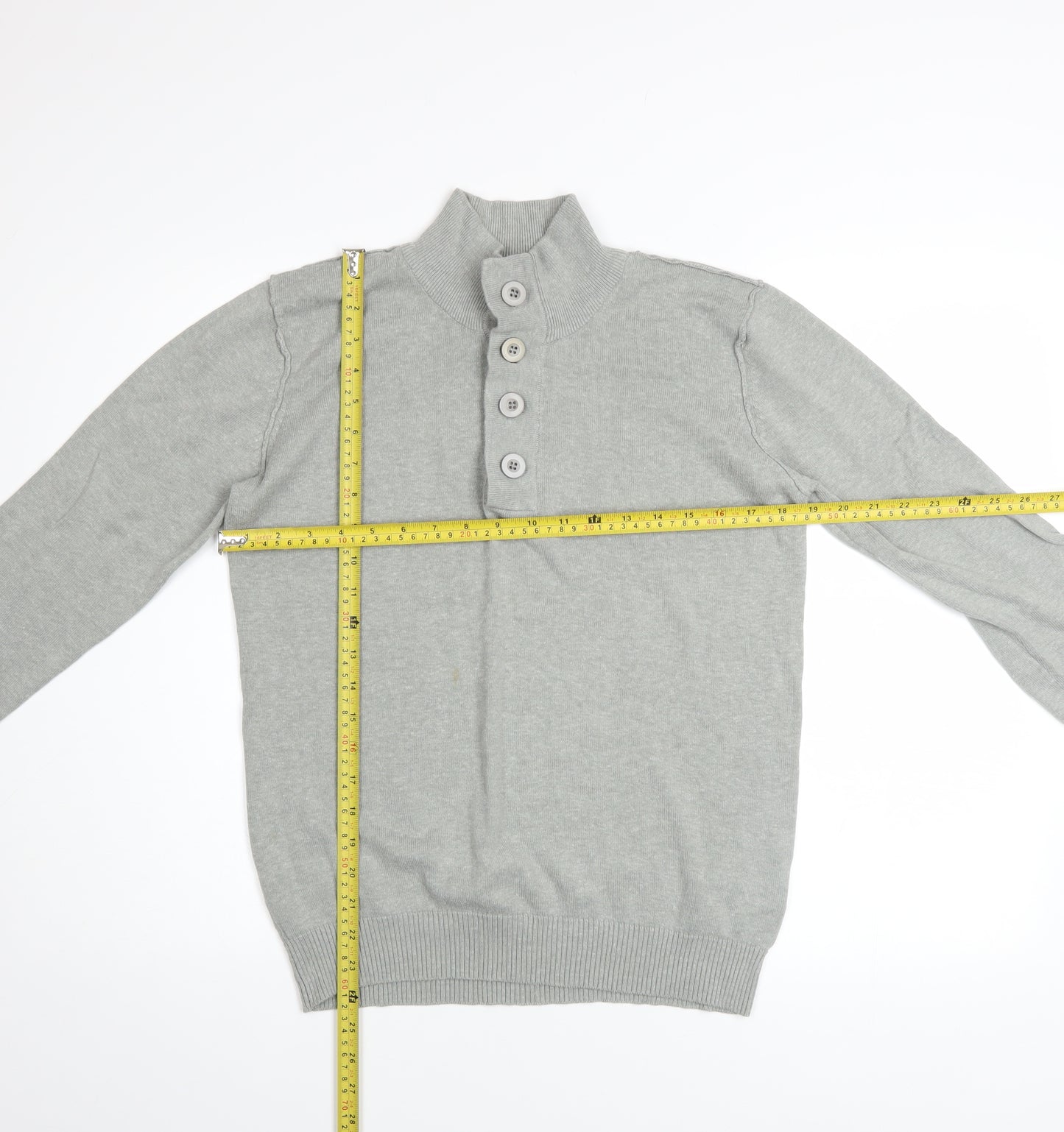 White Label Men’s Grey Henley Jumper Size S High Neck Cotton Acrylic
