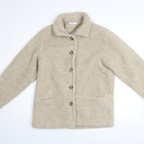 Damart Women Beige Teddy Fleece Coat Size 10/12 Button Up Lined