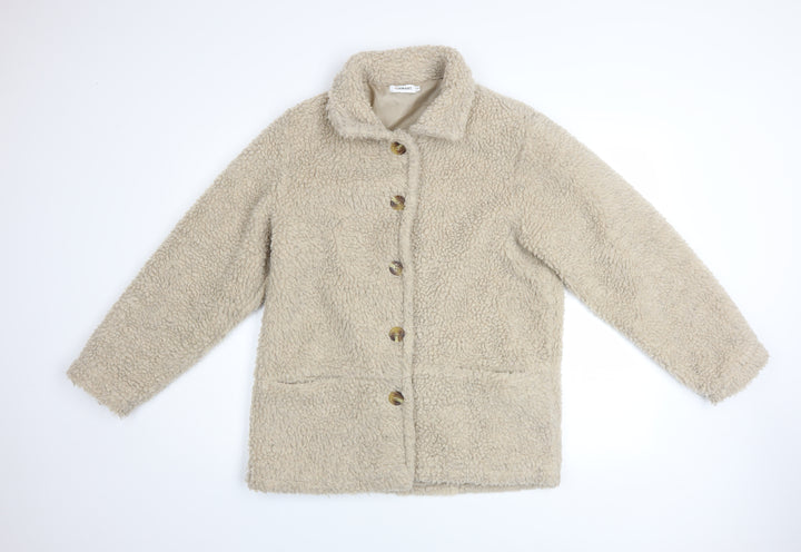 Damart Women Beige Teddy Fleece Coat Size 10/12 Button Up Lined