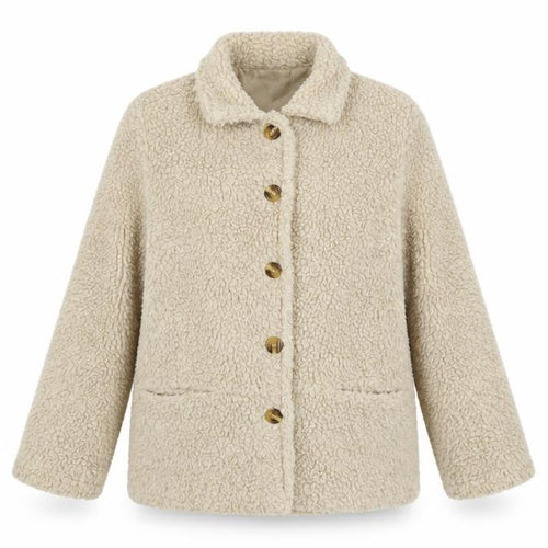 Damart Women Beige Teddy Fleece Coat Size 10/12 Button Up Lined