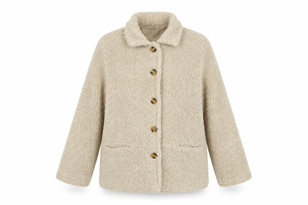 Damart Women Beige Teddy Fleece Coat Size 10/12 Button Up Lined
