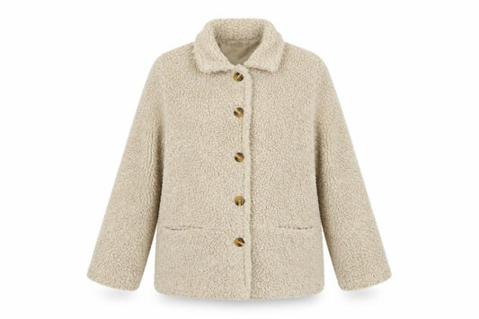 Front view of Damart Women Beige Teddy Fleece Coat, size 10/12, Button Up Lined