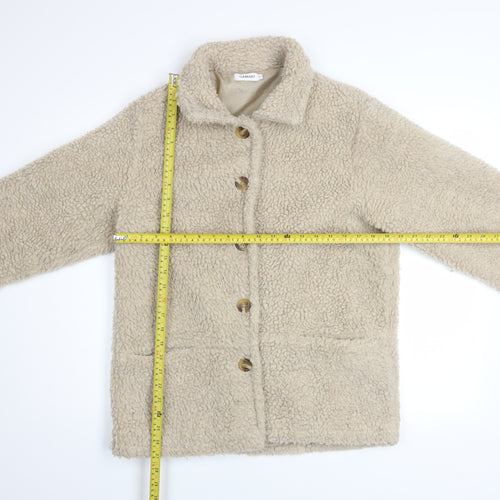 Damart Women Beige Teddy Fleece Coat Size 10/12 Button Up Lined