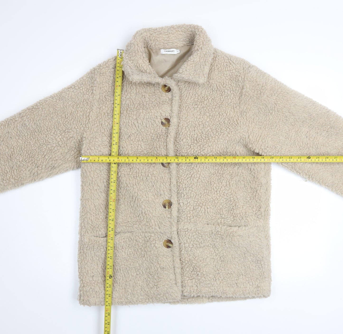 Damart Women Beige Teddy Fleece Coat Size 10/12 Button Up Lined
