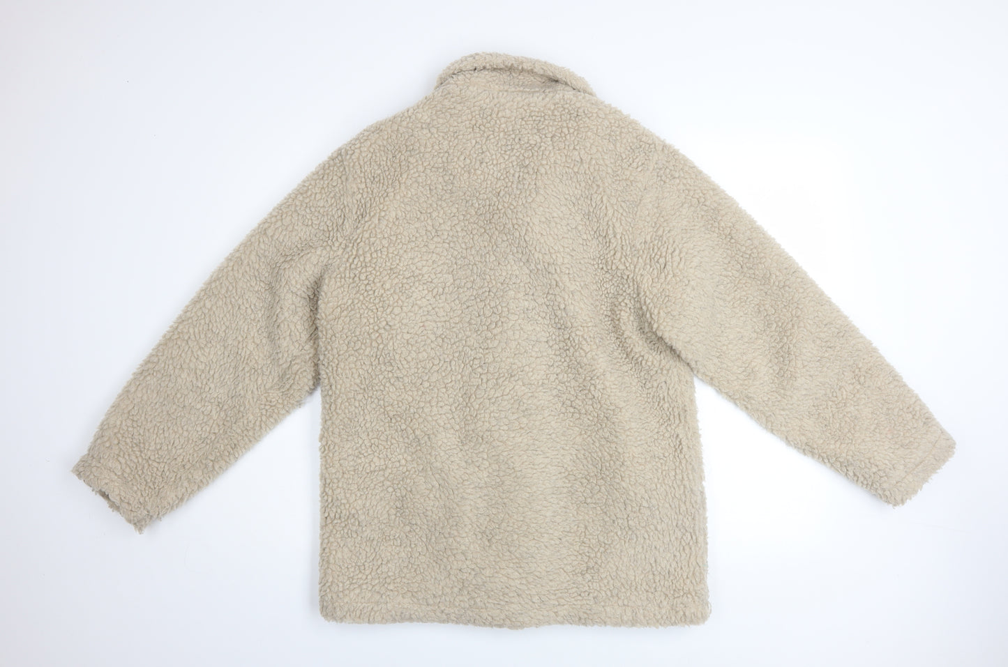 Damart Women Beige Teddy Fleece Coat Size 10/12 Button Up Lined