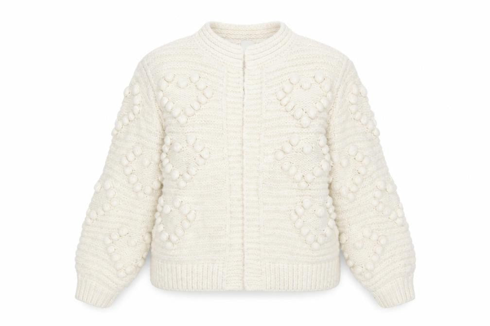 River Island Women Ivory Knit Cardigan S Balloon Sleeves Textured Bobble Jumper