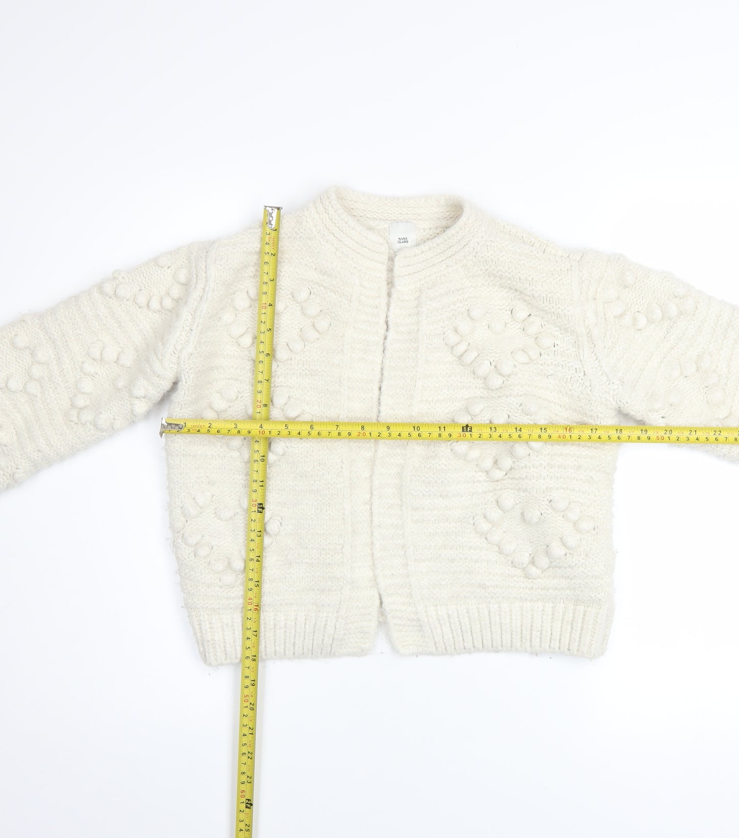 River Island Women Ivory Knit Cardigan S Balloon Sleeves Textured Bobble Jumper