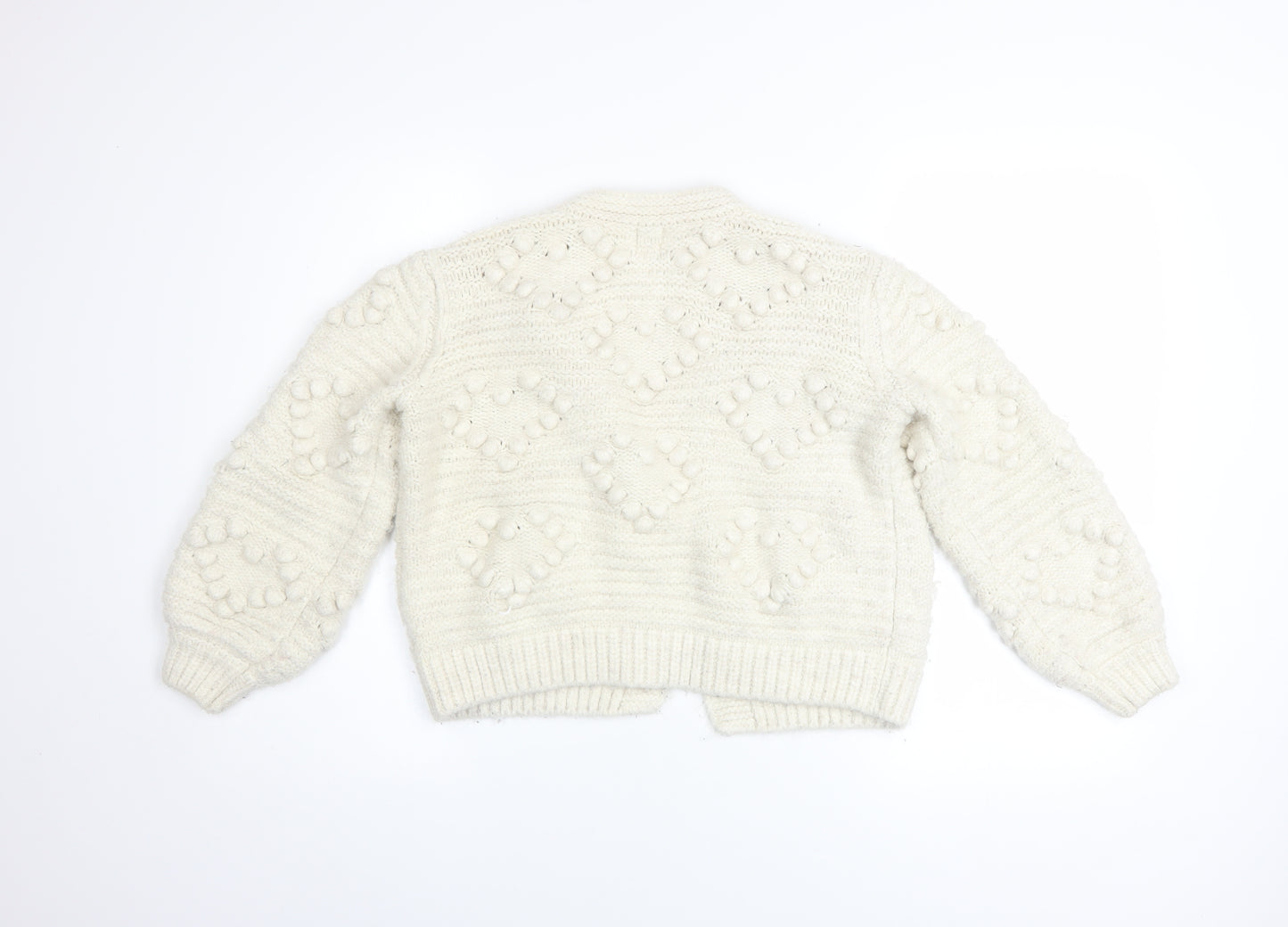 River Island Women Ivory Knit Cardigan S Balloon Sleeves Textured Bobble Jumper