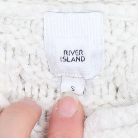 River Island Women Ivory Knit Cardigan S Balloon Sleeves Textured Bobble Jumper