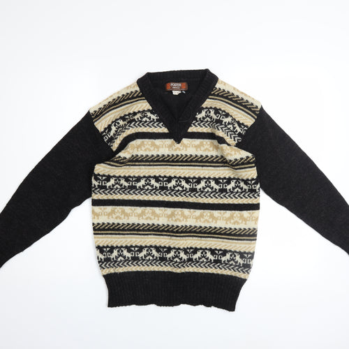 Foster Mens Beige Fair Isle Wool Blend V-Neck Jumper Size L