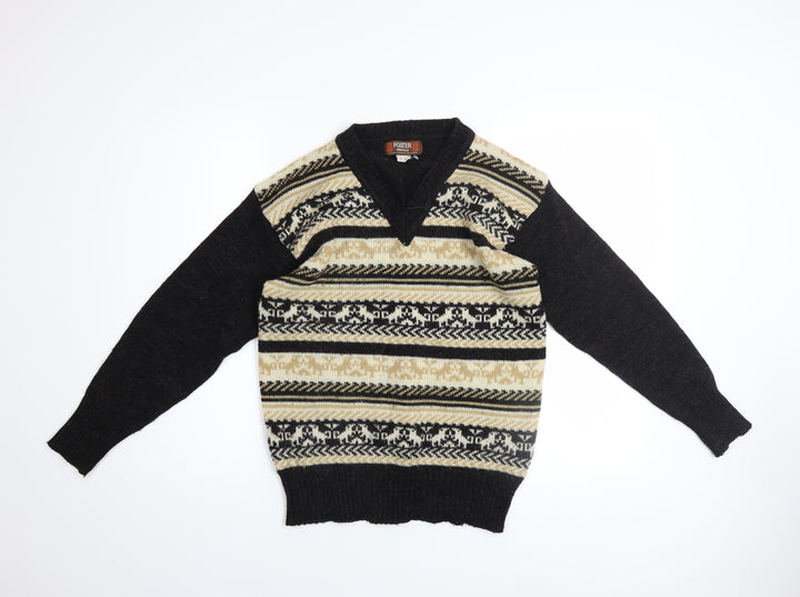 Foster Mens Beige Fair Isle Wool Blend V-Neck Jumper Size L