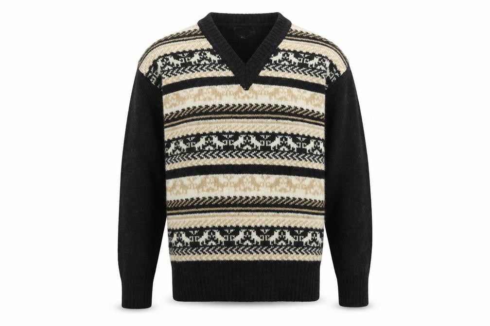 Front view of Foster men’s beige fair isle wool blend v-neck jumper, size L