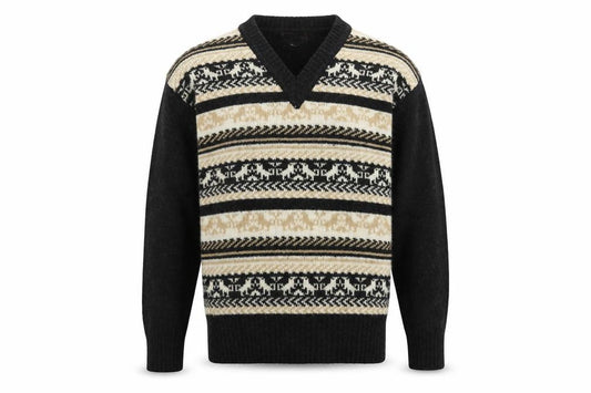 Front view of Foster men’s beige fair isle wool blend v-neck jumper, size L