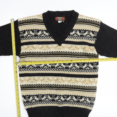 Foster Mens Beige Fair Isle Wool Blend V-Neck Jumper Size L