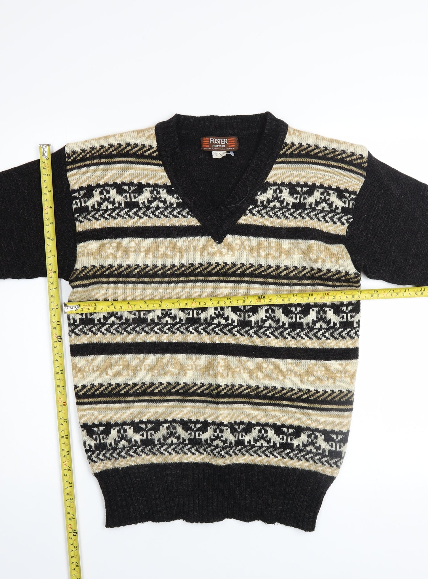 Foster Mens Beige Fair Isle Wool Blend V-Neck Jumper Size L