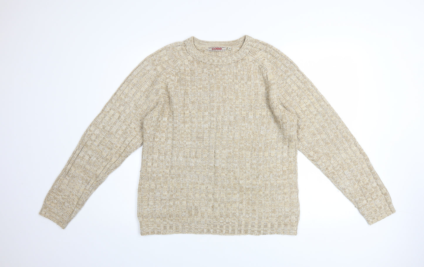 HIOS Knitwear Men Beige Wool Blend Crew Neck Pullover Jumper L