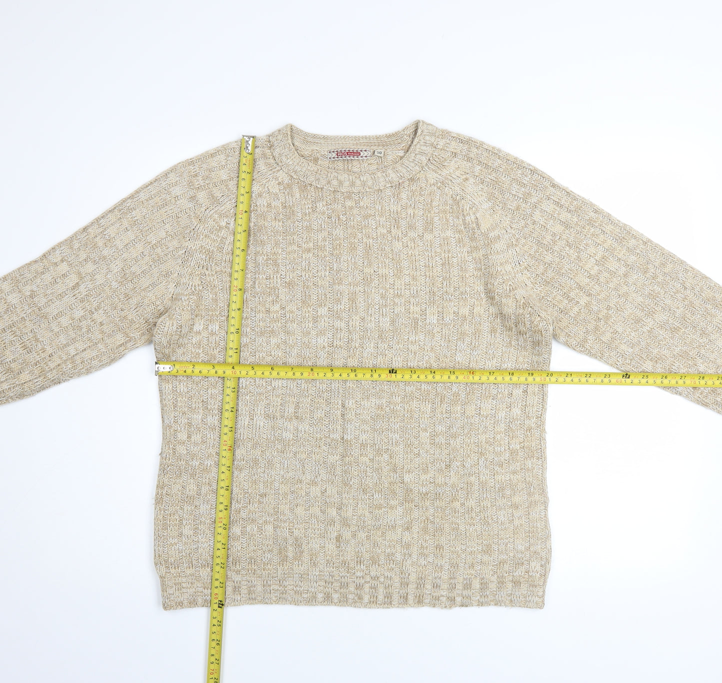 HIOS Knitwear Men Beige Wool Blend Crew Neck Pullover Jumper L