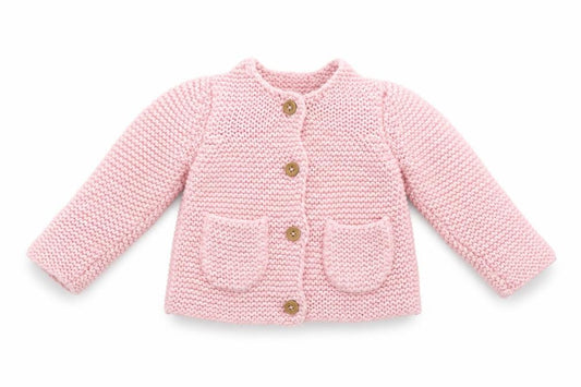 Front view of John Lewis Pink Knit Cotton Baby Cardigan 3-6 Months unisex