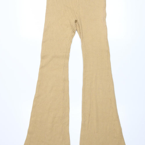 Ghanda Women’s Beige Ribbed Flared Trousers Size S Cotton Blend
