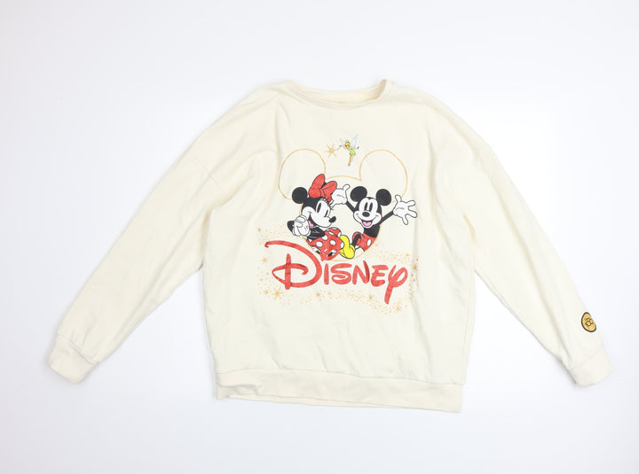 Disney 100 Women Cream Sweatshirt S Mickey Minnie Graphic Pullover
