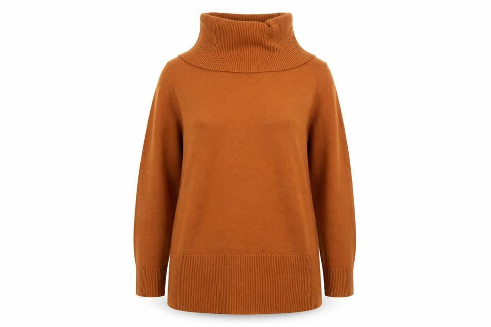 Front view of Marks & Spencer women’s brown, size UK 14, roll neck long sleeve jumper