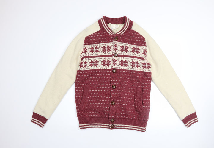 Brave Soul Men's Red Cream Fair Isle Varsity Jacket Size S
