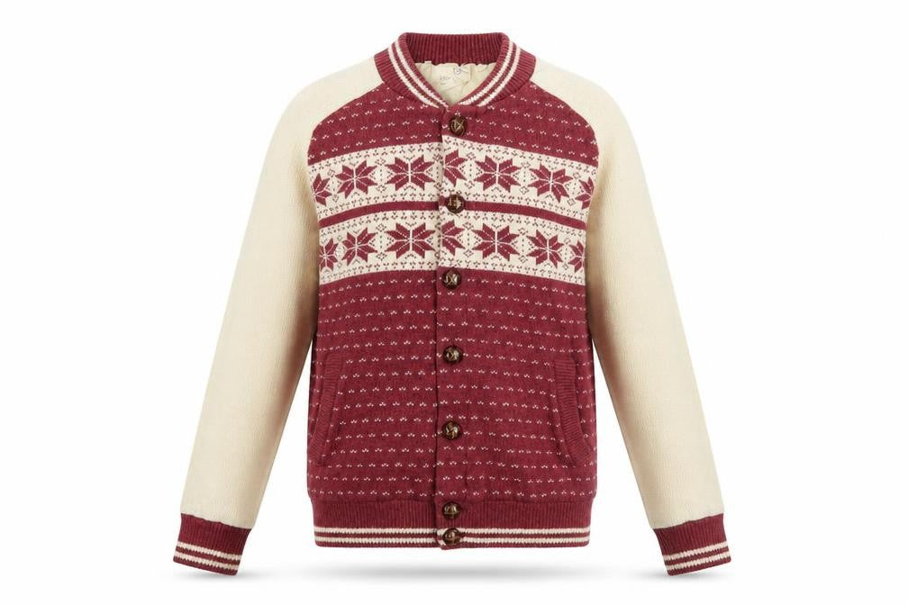 Front view of Brave Soul Men's Red Cream Fair Isle Varsity Jacket, size S