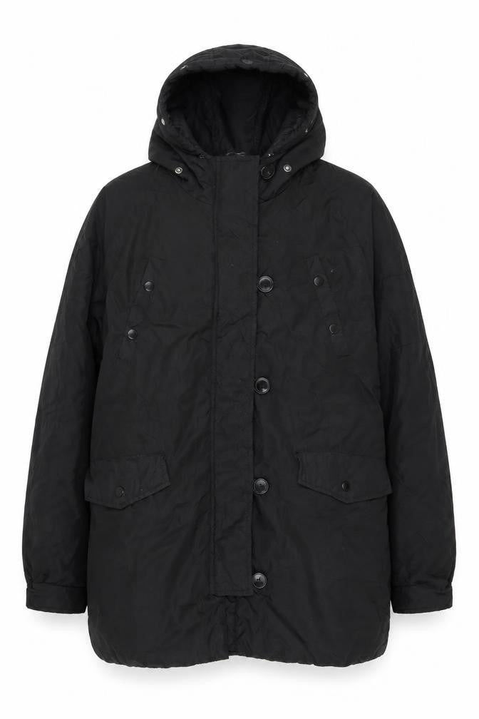 Front view of Boohoo Women's Black Long Hooded Puffer Jacket UK 12