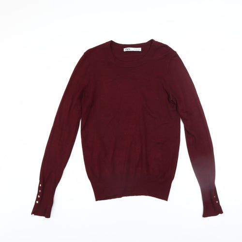 ZARA Women Red Crew Neck Long Sleeve Pullover Jumper Size S