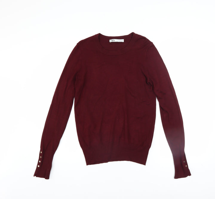 ZARA Women Red Crew Neck Long Sleeve Pullover Jumper Size S