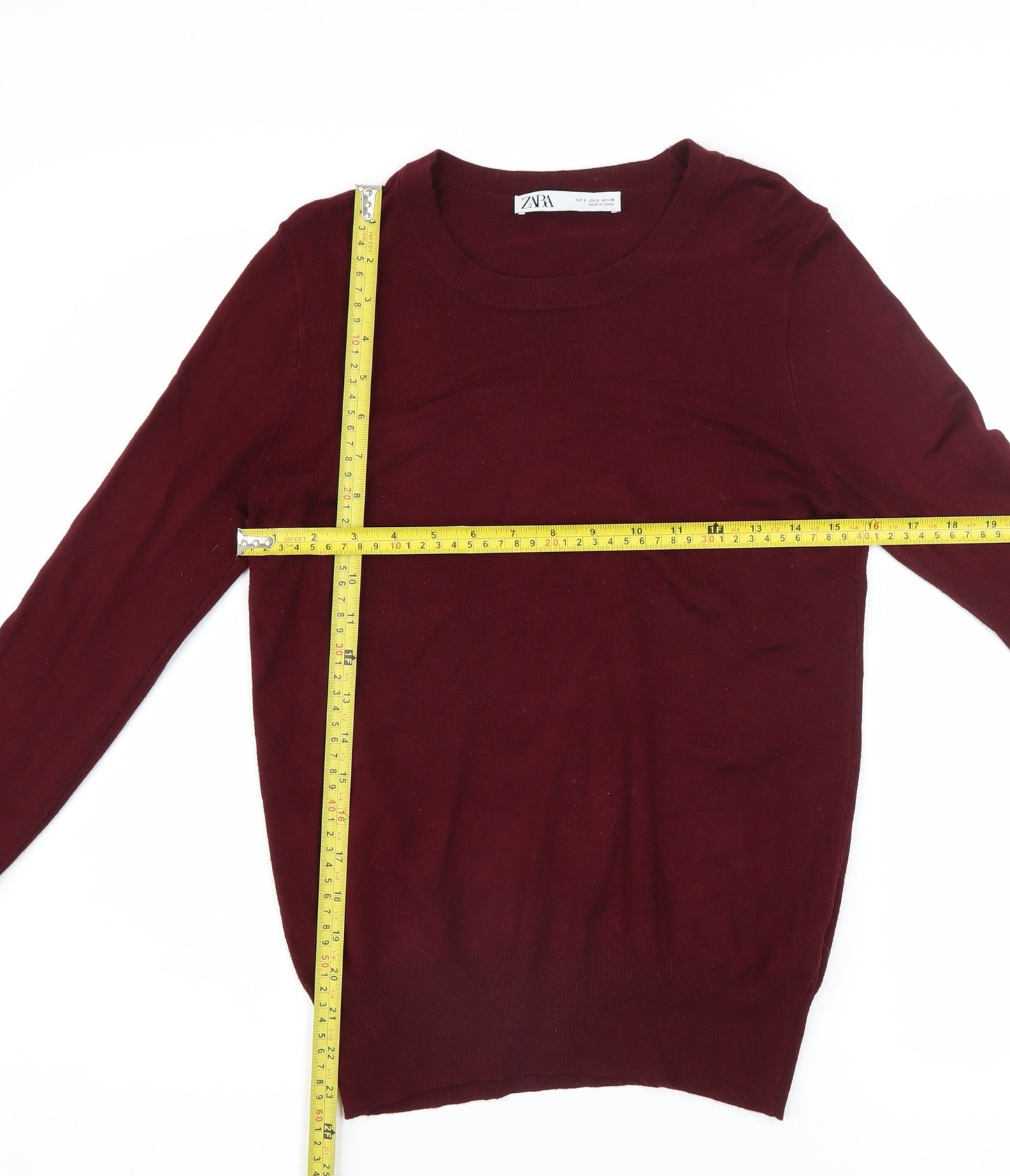 ZARA Women Red Crew Neck Long Sleeve Pullover Jumper Size S