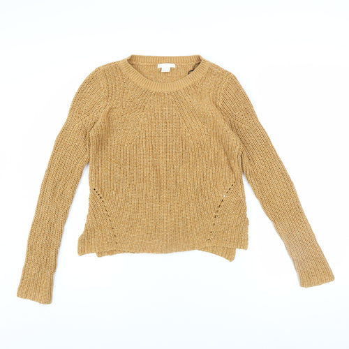 H&M Women Beige Chunky-Knit Cotton Acrylic Crew Neck Pullover Jumper XS