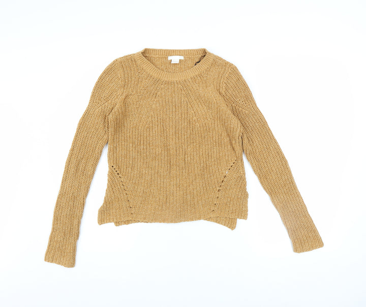 H&M Women Beige Chunky-Knit Cotton Acrylic Crew Neck Pullover Jumper XS