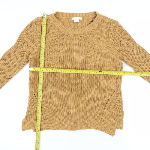 H&M Women Beige Chunky-Knit Cotton Acrylic Crew Neck Pullover Jumper XS