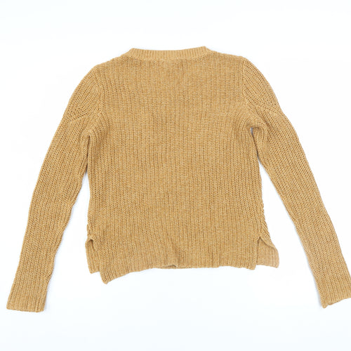 H&M Women Beige Chunky-Knit Cotton Acrylic Crew Neck Pullover Jumper XS