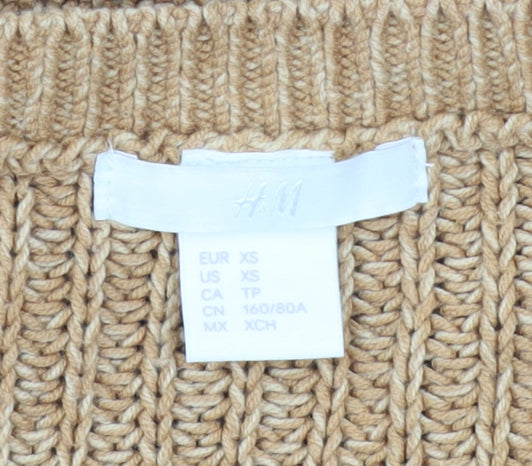 H&M Women Beige Chunky-Knit Cotton Acrylic Crew Neck Pullover Jumper XS