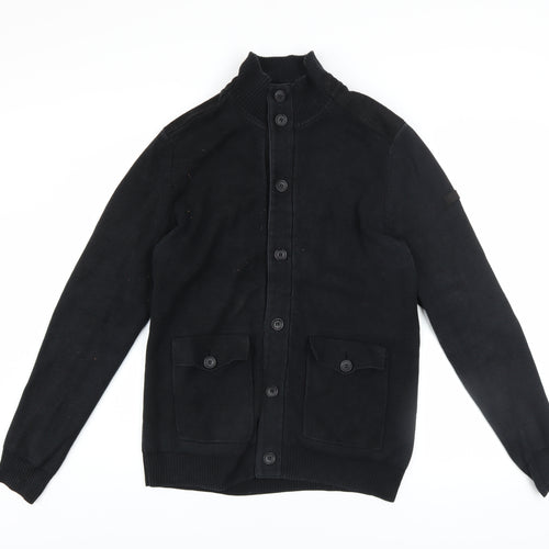 Ben Sherman Men's Black Cotton Button Cardigan M High Neck Knit Jumper