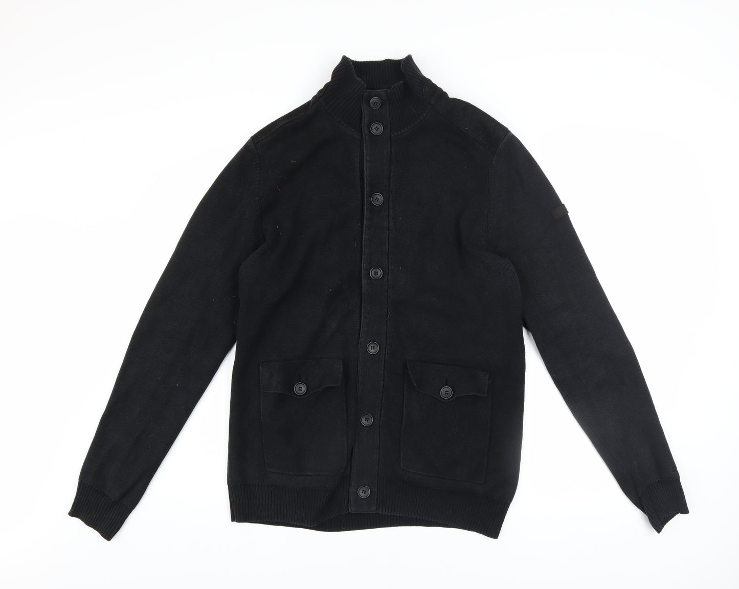Ben Sherman Men's Black Cotton Button Cardigan M High Neck Knit Jumper