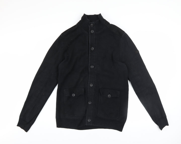 Ben Sherman Men's Black Cotton Button Cardigan M High Neck Knit Jumper