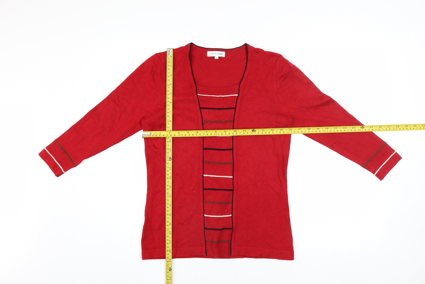 Austin Reed Women's Red Striped 3/4 Sleeve Cardigan Size S